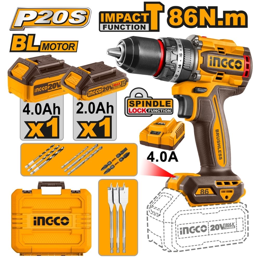 20v Ps+ C/l B/l I/drill 86nm 2ah+4ah B/c Kit Case