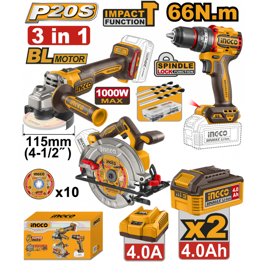 20v Ps+c/l B/l A/g Imp Dril Cir/saw+2batt +cha 3p