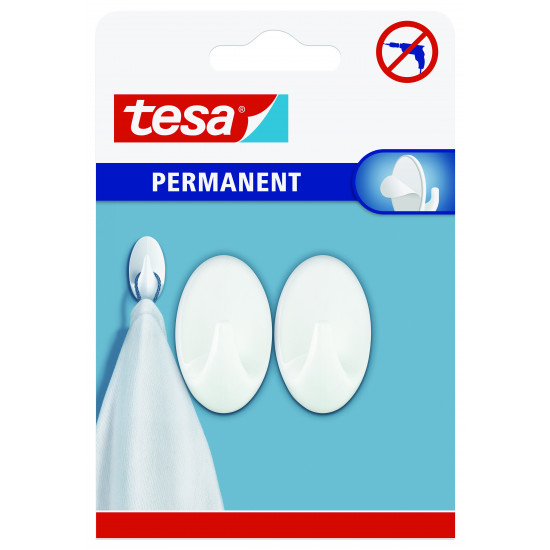 TESA Permanent Hooks Oval S White 2 Hooks White TESA Permanent Hooks Oval S White 2 Hooks White