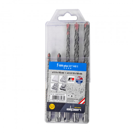 ALPEN F4 Sds Drill Bit Set 5 Piece 5 6 X 110mm 6 8 10 Mm X 160mm In P ALPEN F4 Sds Drill Bit Set 5 Piece 5 6 X 110mm 6 8 10 Mm X 160mm In P