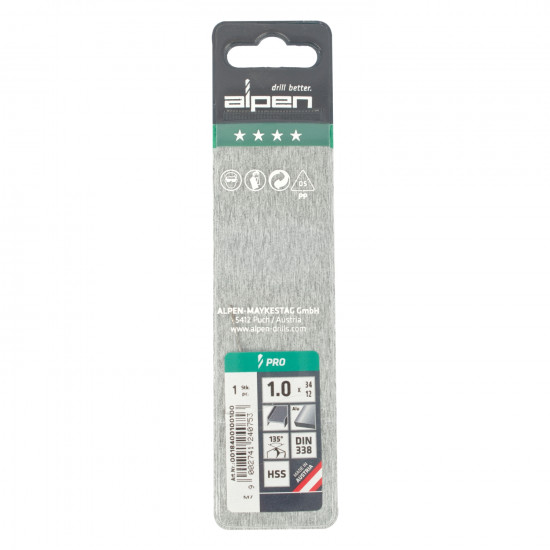 ALPEN Pro Hss 1mm Drill Din 338 Rn 135 Split Point Plastic Wallet (1 ALPEN Pro Hss 1mm Drill Din 338 Rn 135 Split Point Plastic Wallet (1