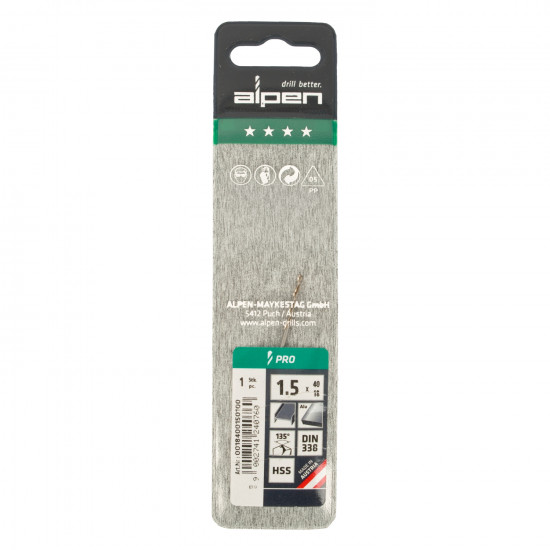 ALPEN Pro Hss 1.5mm Drill Din 338 Rn 135 Split Point Plastic Wallet ( ALPEN Pro Hss 1.5mm Drill Din 338 Rn 135 Split Point Plastic Wallet (