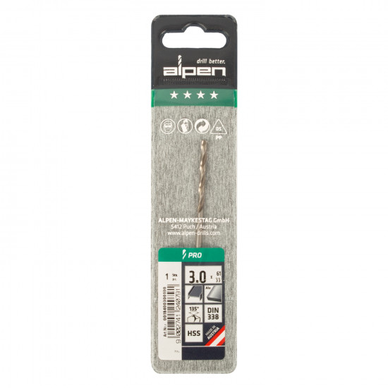 ALPEN Pro Hss 3mm Drill Din 338 Rn 135 Split Point Plastic Wallet (1