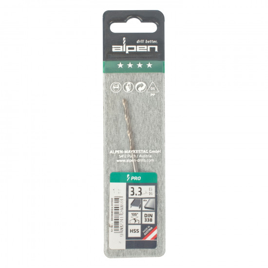 ALPEN Pro Hss 3.3mm Drill Din 338 Rn 135 Split Point Plastic Wallet (