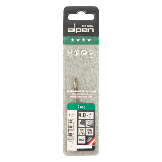 ALPEN Pro Hss 4mm Drill Din 338 Rn 135 Split Point Plastic Wallet (1 ALPEN Pro Hss 4mm Drill Din 338 Rn 135 Split Point Plastic Wallet (1