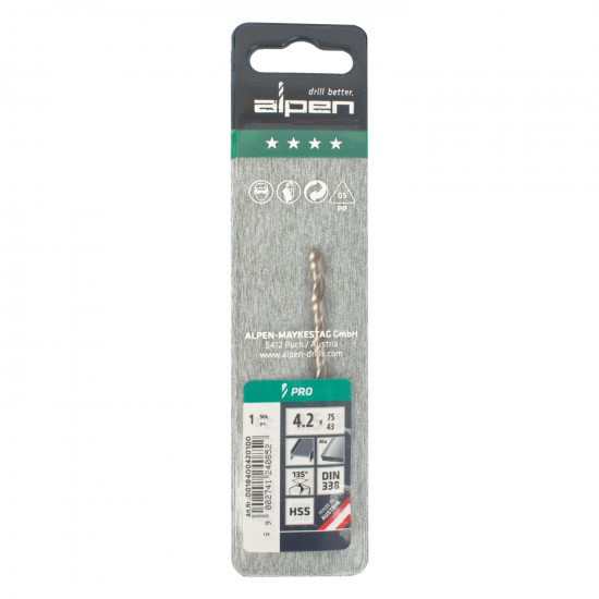 ALPEN Pro Hss 4.2mm Drill Din 338 Rn 135 Split Point Plastic Wallet ( ALPEN Pro Hss 4.2mm Drill Din 338 Rn 135 Split Point Plastic Wallet (
