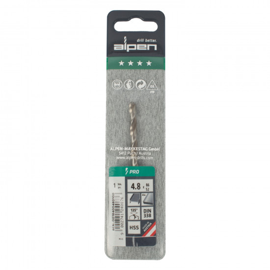ALPEN Pro Hss 4.8mm Drill Din 338 Rn 135 Split Point Plastic Wallet ( ALPEN Pro Hss 4.8mm Drill Din 338 Rn 135 Split Point Plastic Wallet (