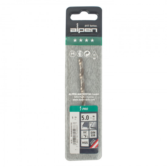 ALPEN Pro Hss 5mm Drill Din 338 Rn 135 Split Point Plastic Wallet (1