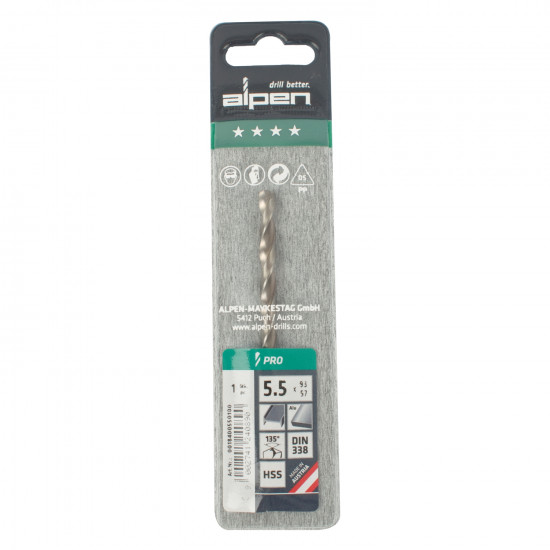 ALPEN Pro Hss 5.5mm Drill Din 338 Rn 135 Split Point Plastic Wallet (
