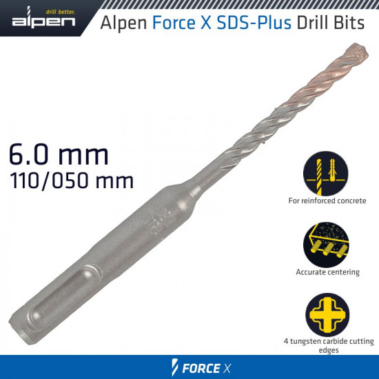Force X 6.0 X 110/050 Sds-plus Rebar Drill Bit X4 Cutting Edges - Bulk Force X 6.0 X 110/050 Sds-plus Rebar Drill Bit X4 Cutting Edges - Bulk