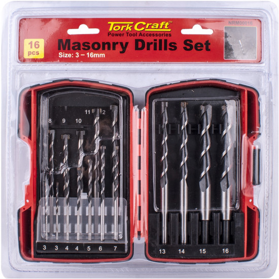 Masonry Drill Bit Set 16pc 3 - 16mm In Plastic Case Masonry Drill Bit Set 16pc 3 - 16mm In Plastic Case