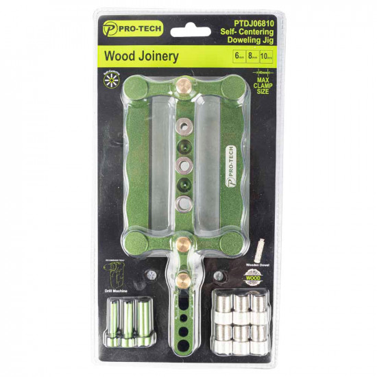 Dowel Jig Self-centering 6/8/10mm Alum. 16mm - 60mm Range Dowel Jig Self-centering 6/8/10mm Alum. 16mm - 60mm Range